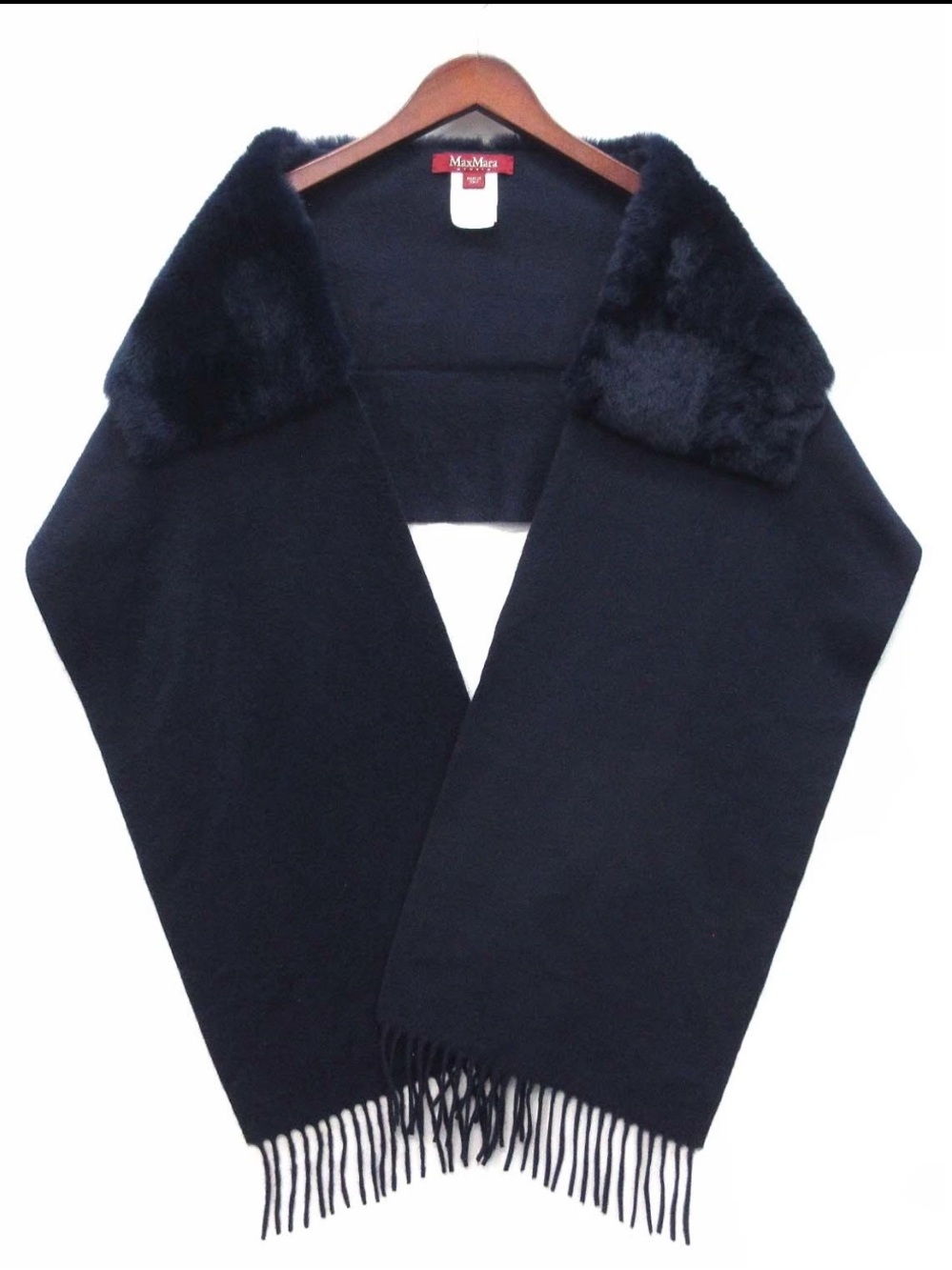 MaxMara Navy Wool Scarf with Plush Collar